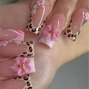 10pcs Y2K Style Leopard Print Pink Flower Press On Nails, Gold Bead Square Nails, Salon Quality Nails, Nude Pink Gradient, Sparkling Diamond Embellishment, Suitable For Daily, Party, Outdoor Use