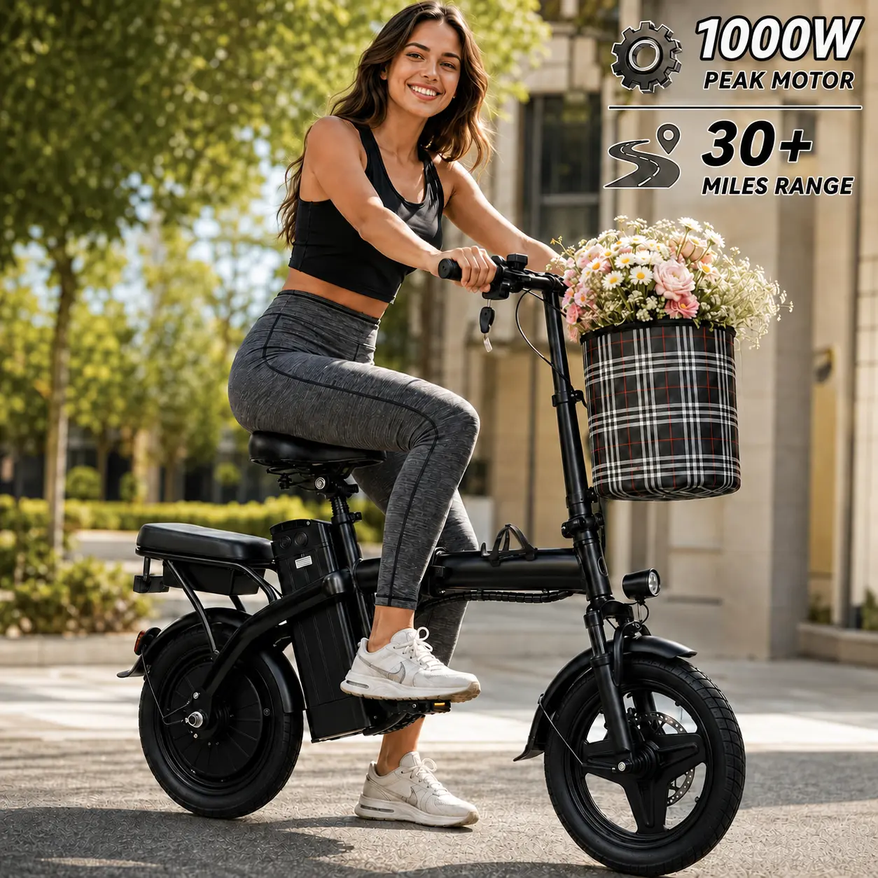 Urban Modern Compact Adult Folding Ebike - 1000W Peak Motor, 20MPH Top Speed, 30+ Mi Range, 48V Battery, Adjustable Commuting Electric Bike sohochic