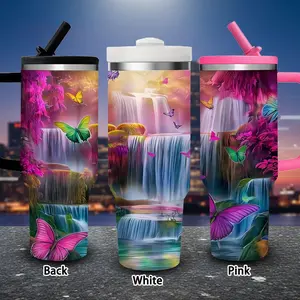 1 pc 40 oz Magical Fantasy Waterfall, Vibrant Butterflies, Enchanted Nature Scenery Tumbler with lid and straw, winter insulated travel mug, gift for women and men, ideal for Valentine’s Day, Easter, birthday gifts, iced/hot coffee cup