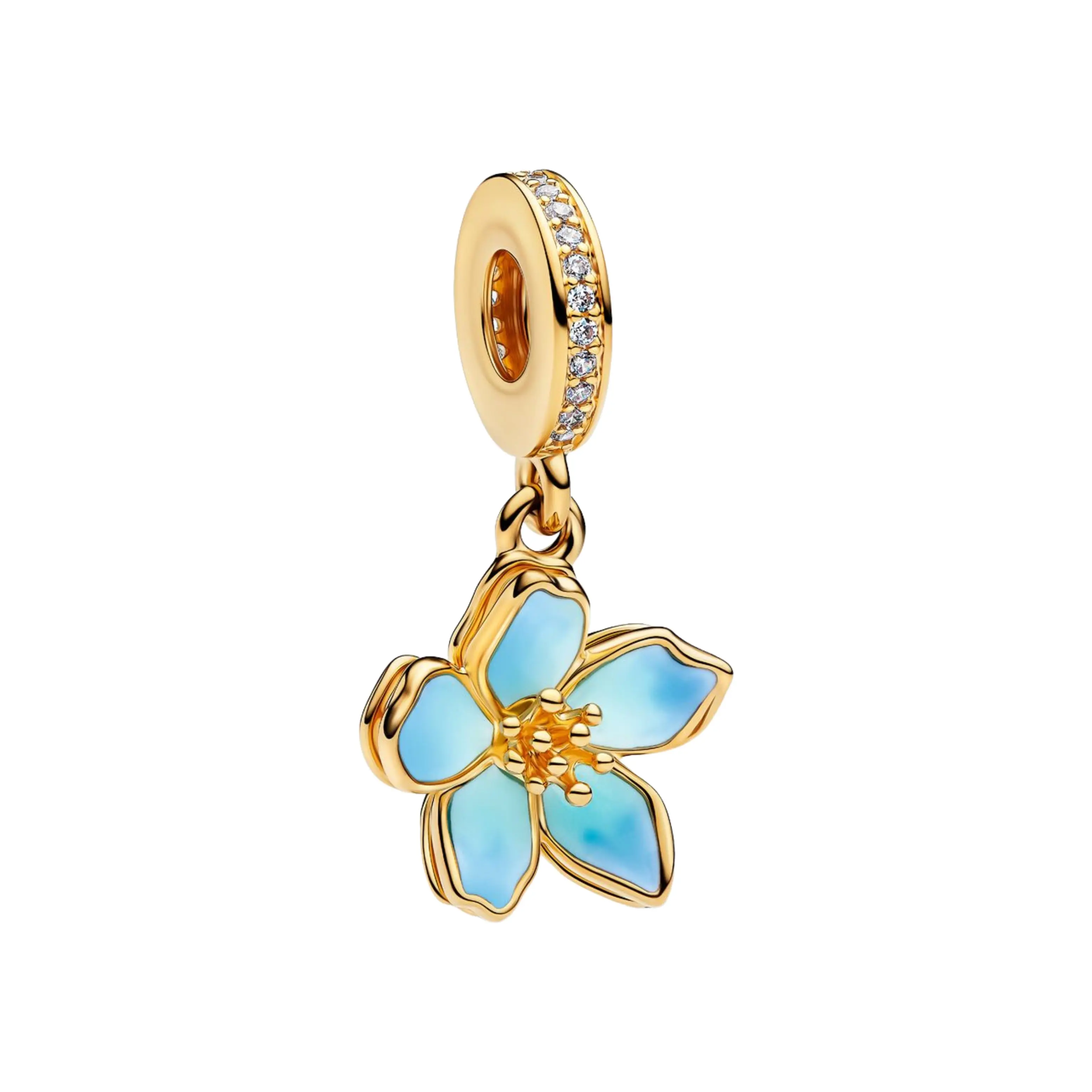 Blue Flower Dangle Charm | Gold Floral Charm for Bracelet | Elegant Spring-Inspired Jewelry Pendant