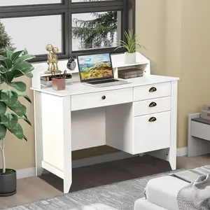[Memorialday] HOMBCK White Desk with Drawers and Hutch, with Storage Shelf, Computure Desk, Home Office Desk, for Small Space
