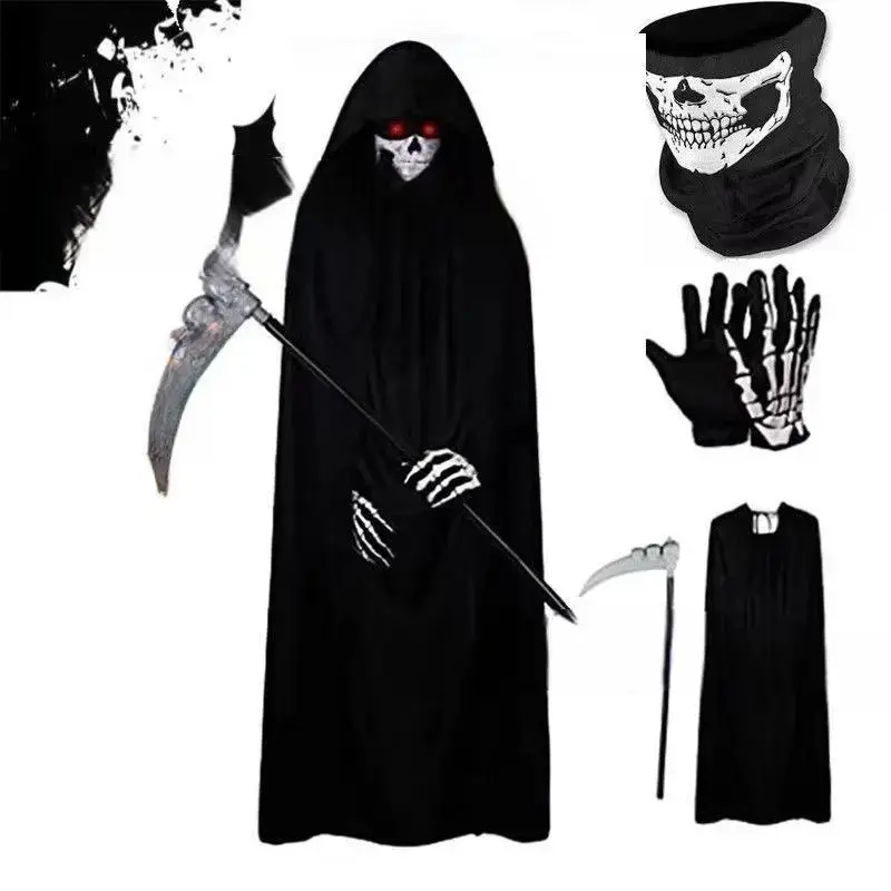 5pcs Halloween Party Adult Grim Reaper Cosplay Costume Set, Long Cape Cloak with Skull Mask, Death Scythe, Halloween Dress-Up Props