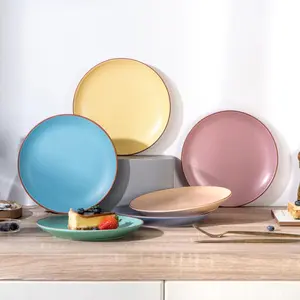 6PCS Colorful Ceramic Salad Plates, 8.5 Inch Matte Glazed Dinnerware with Speckled Design and Brown Rim, for Appetizer Dessert Kitchen Use