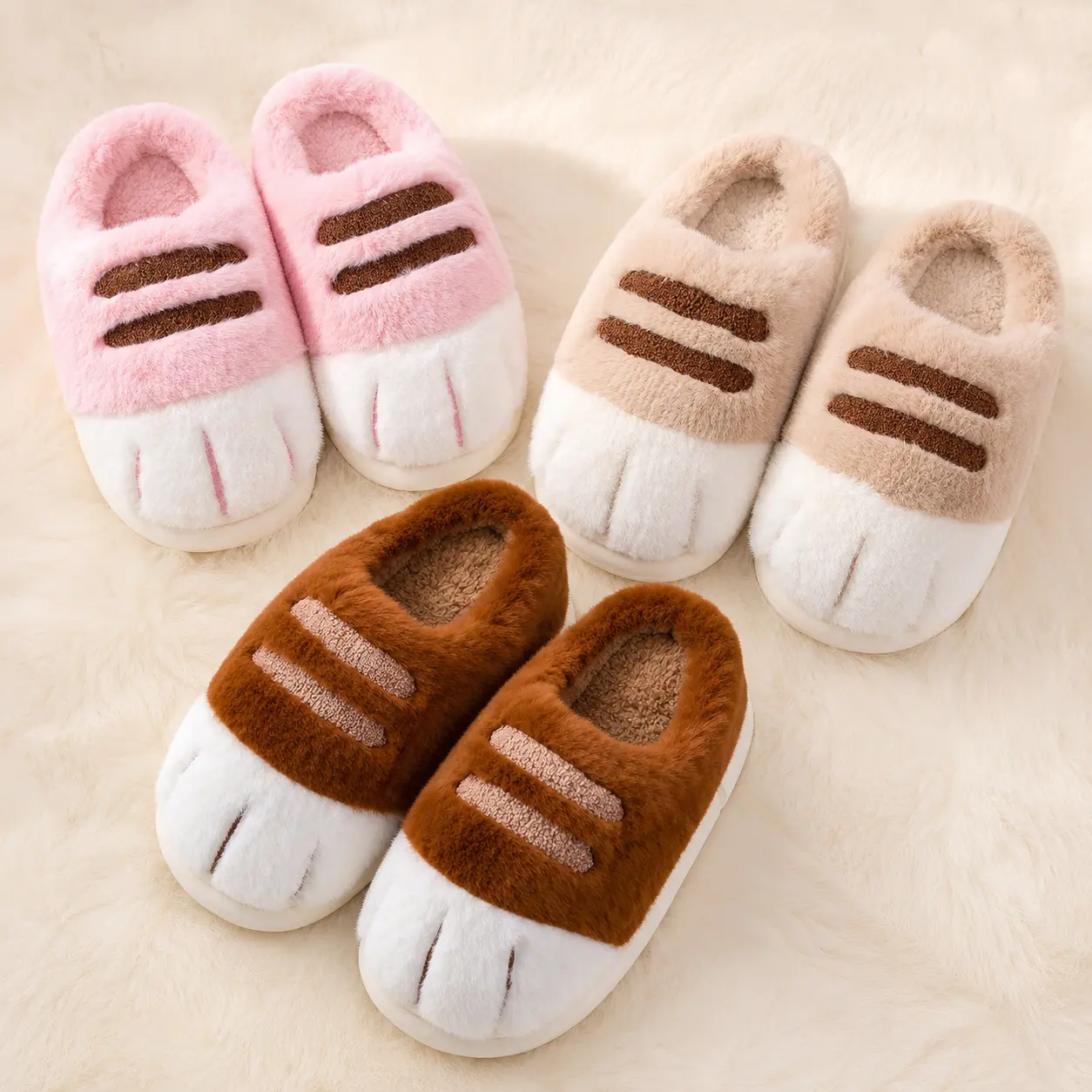 Women's Soft Fuzzy Cat Paw Cotton Slide Slippers, Cute Animal Plush Footwear, Warm Comfy Rubber-Soled Indoor Slip-On Shoes, Round Toe, Fuzzy Paws, Rubber Sole, House Slippers