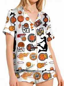 Basketball Satin Pajama Set for Women, Sport Lover Sleepwear, Cute Ball Print Long Sleeve PJs, Athlete Gift, Cozy Loungewear Set, Eat Sleep Basketball Repeat Pajamas