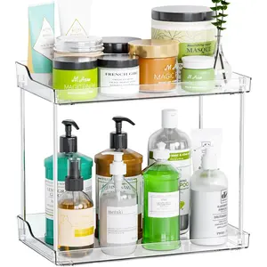 Clear  Bathroom Counter Organizers and Storage Tray, 2 Tier Makeup,Perfume,Skincare Organizer Shelf & Vanity Storage for Bedroom and Counter Top  Racks for Kitchen Corner,Rectangle