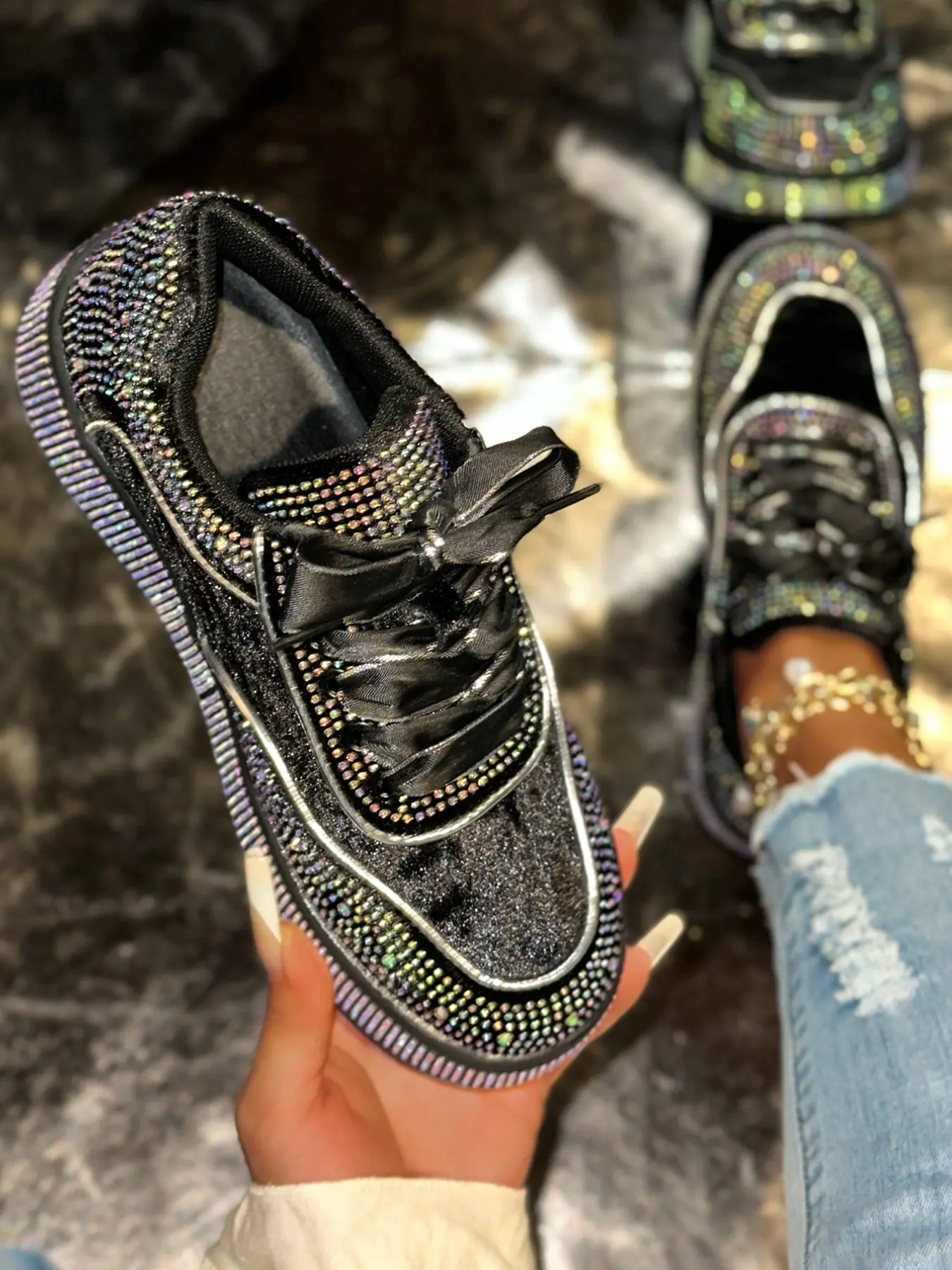 Full Rhinestone Velvet Sneakers, Thick Sole Rubber Height-Boosting Board Shoes, Trendy Casual Sports Shoes, Fashionable Comfortable Footwear