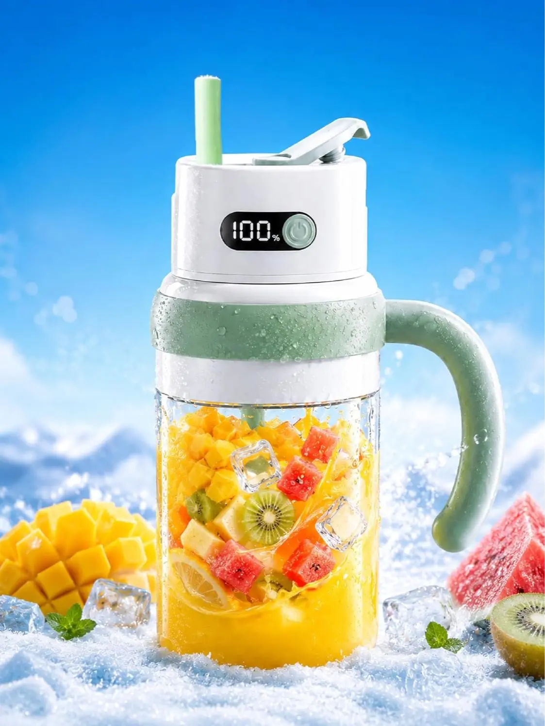 1000mL Portable Ice-Crushing Blender - 2-in-1 Dual-Lid Smoothie Cup with LED Screen, 80W Rechargeable Wireless BPA-Free Juicer, Lightweight Compact Small Size for Smoothies & Fresh Juice Making, Camping