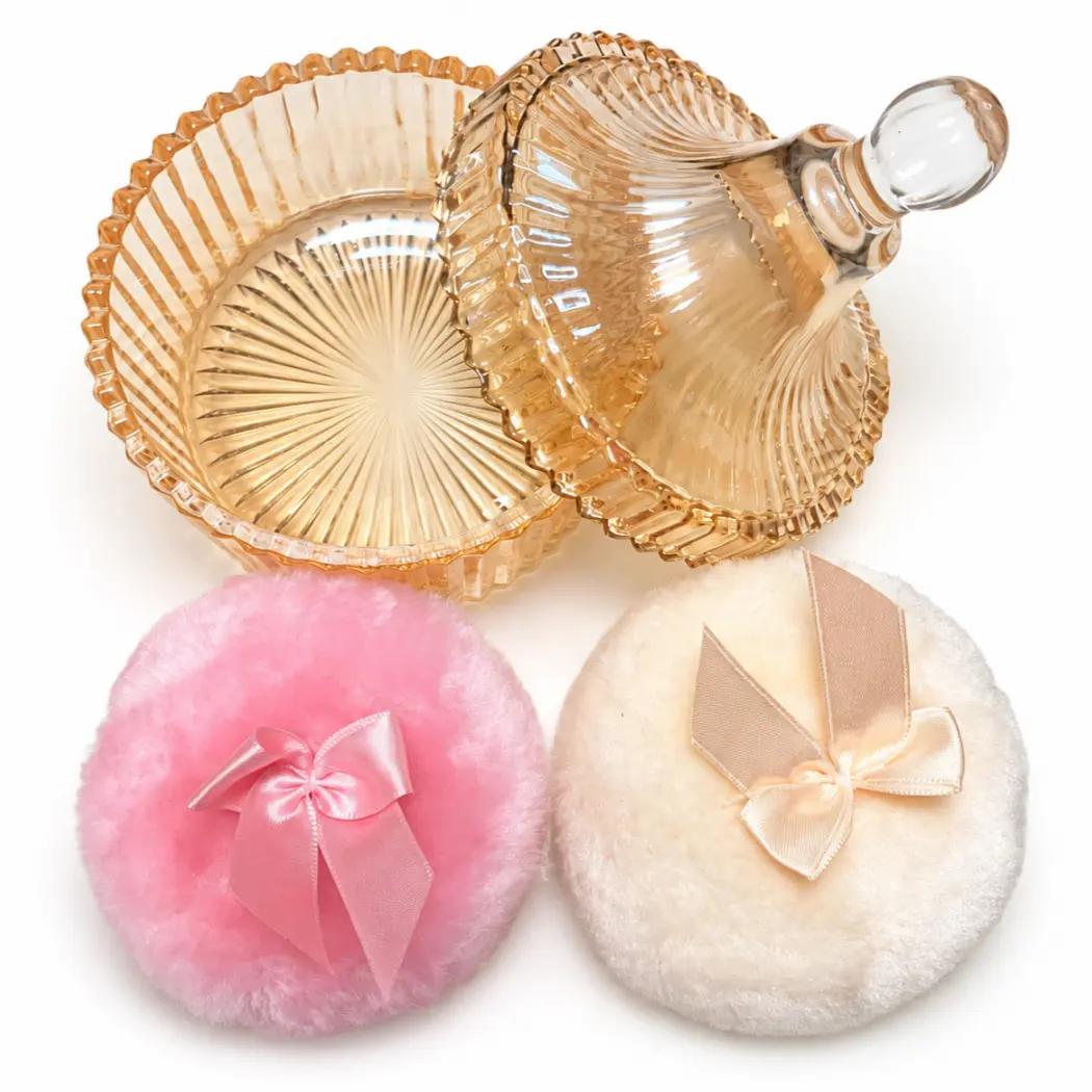 4" Beauty Glass Jar Set with 2 Soft Fluffy Smoothing Puffs, Chic Home Bathroom Cosmetics Storage Container for Makeup Powder & Body Powder