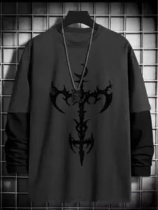 Gothic Style Loose Long Sleeve Round Neck Geometric T-Shirt, Fashion Streetwear Casual Wear, Comfortable Trendy Top Gift, Unisex Clothing