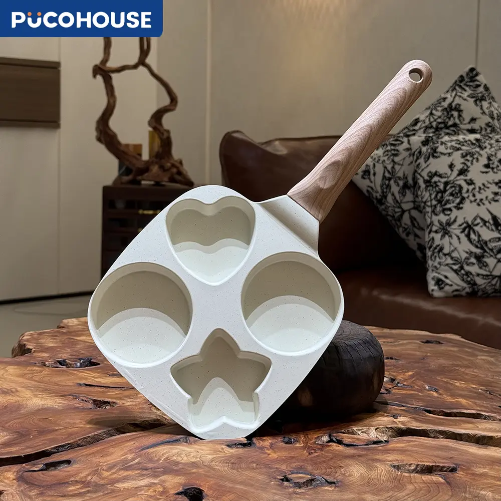 PUCOHOUSE Nonstick Durable Cooking Square Cookware Pan - 7.48 in 4-Hole Maifan Stone Coating, Universal Quad-Zone Induction Base, Wooden Handle, Star/Heart Shape, Dishwasher Safe, Ideal for Egg Lovers/Crepes, Mid-Year Fan Exclusive, 50 Units Left