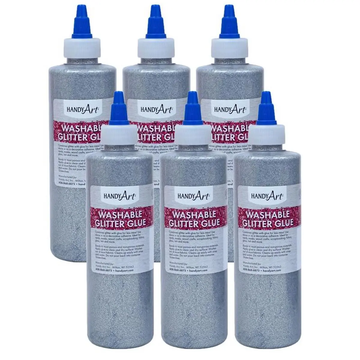 Rock Paint & Handy Art 8oz Washable Glitter Glue, Silver - 8 oz Container, 6 Bottles, Washable Formula for Art Projects, Six Bottles