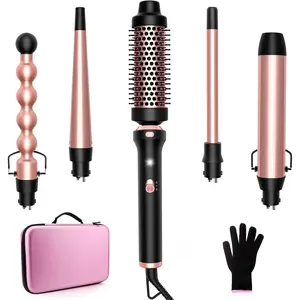 5 in 1 Curling Iron with Interchangeable Ceramic Barrels 0.5-1.5 Inch, Curling Set with Thermal Brush & EVA Travel Case, Dual Voltage Instant Heat Up Hair Curlers, Womens Gifts