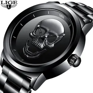 LIGE Men's Skull Face Analog Quartz Watch