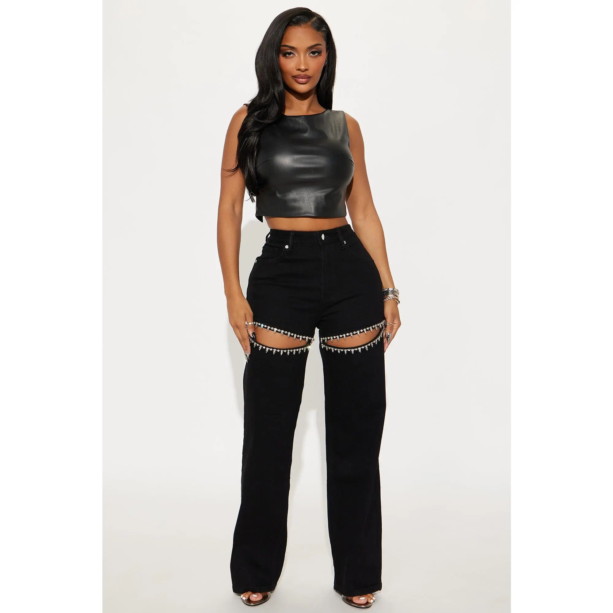 You Belong With Me Stretch Embellished Straight Leg Jeans - Black