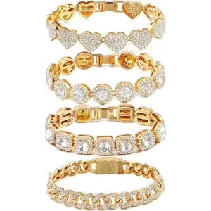 4PCS Multi-Layer Stacked Link Bracelet Set Clustered Tennis Bracelet for Women Heart Round Diamond Cuban Bracelet Fashion Jewelry Chain