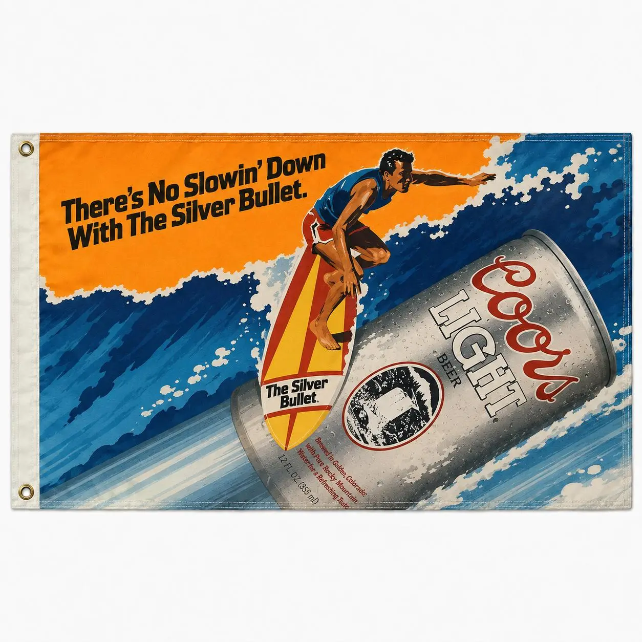 Coors Silver Bullet Surfing Flag, Vintage Beer Poster Banner with Surfer, Ocean Wave and Classic Can Artwork, Retro Bar Decor for Man Cave, Garage, Beach House, Surf Room, Patio and Party Space