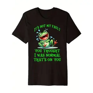 Funny Green Poison Dart Frog Graphic T-Shirt, Unisex Retro Crew Neck, "It’s Your Fault You Thought I Was Normal" Slogan, Soft 100% Cotton Casual Regular Fit Black Tee, Fashion Cute Frog Print Spring Daily Outfit, Valentine Easter Holiday Gift for Him Her