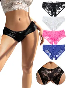 Women's Open Crotchless Strappy Lace Underwear Valentine's Day Gift Plus Size Sexy Cheeky Briefs Hipster Thong Panties for Women Soft Comfy Breathable Curvy Sheer Knicker Underwear for All Seasons Elastic Thongs Womenswear Trim Fit Panties XS-4XL