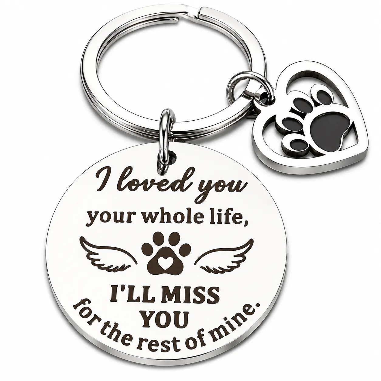 Pet Memorial Keychain - Engraved Message "I Loved You Your Whole Life" Animal-Inspired Charm, Chain-Attached Keepsake for Dog/Cat Loss, Chain-Attached Keychains, Charm Keychains