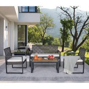 4-piece Patio Furniture Set - With Acacia Wood Table Top, Wicker Material, American Design, Rust-resistant Frame and Water-resistant Cushions, Ideal for Gardens and Balconies