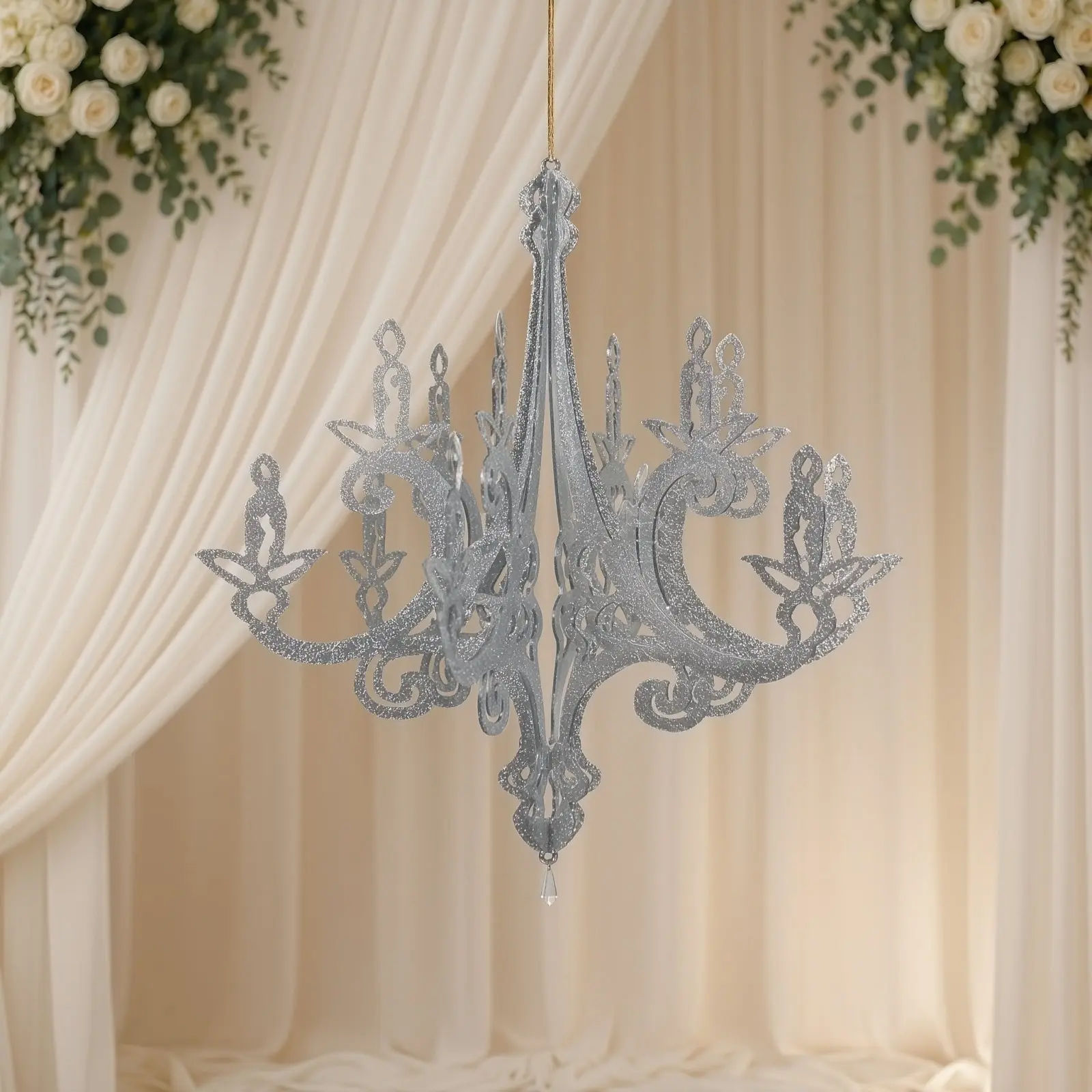 24-inch Hangable Silver Glittered Acrylic Chandelier, 3D Interlocked Cutout Design, Home Ceiling Decor for Anniversary, Birthday, 24 Inches