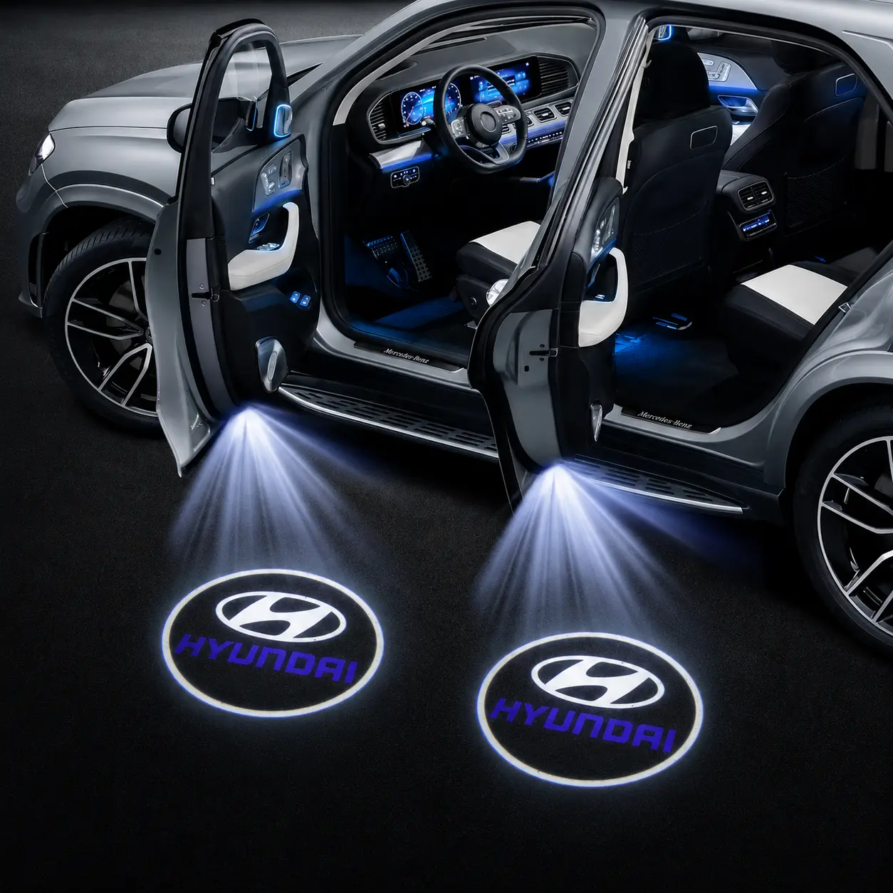 LED Projector Car Door Sign with Blackout Look, Automotive Decorative Light Accessories for Hyundai Santa Fe Sonata Solaris Azera Creta I30 Ix25 Tucson IX35 (Battery Not Included)