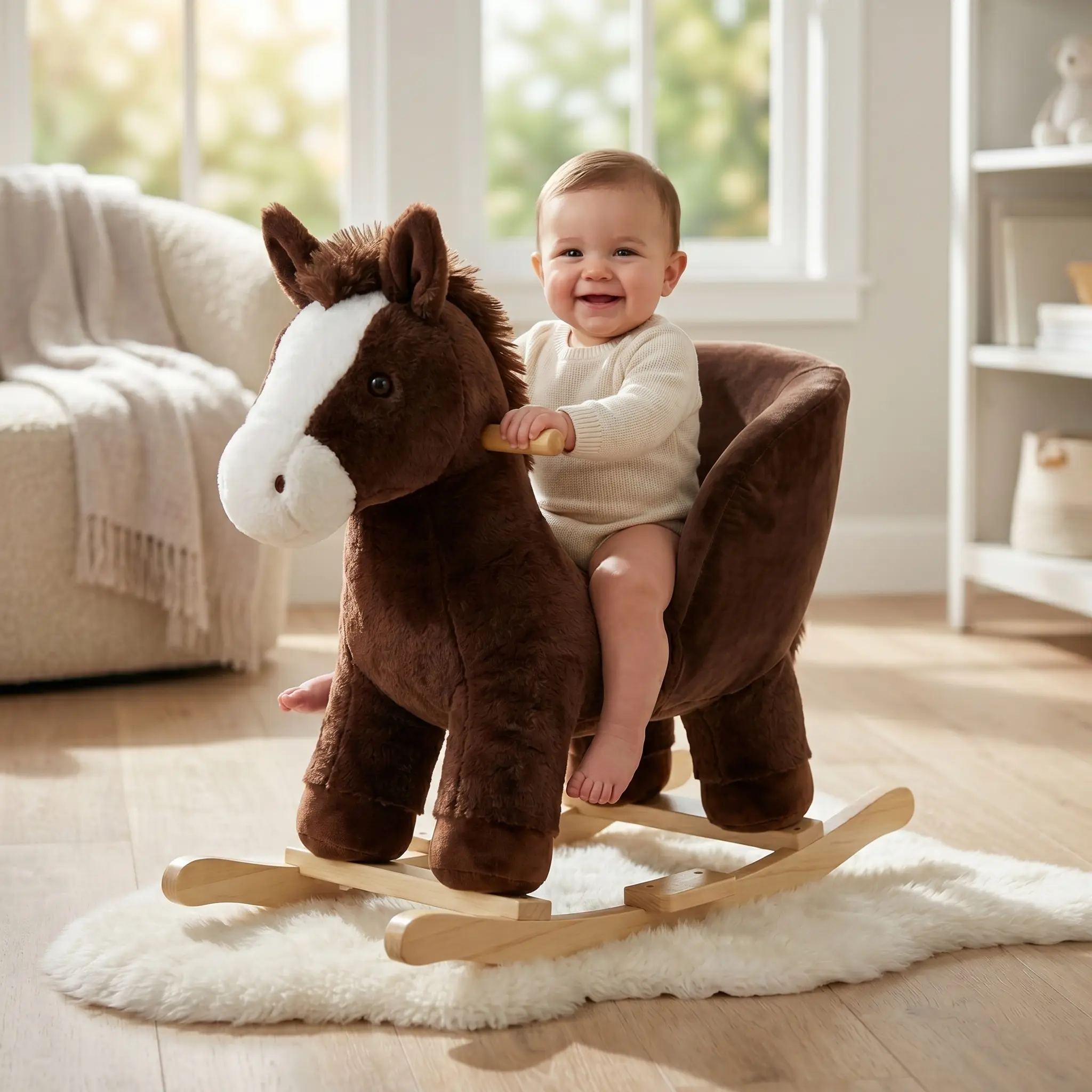 Premium Wooden Rocking Horse for 1-3 Year Old Toddlers - Backrest, Safety Belt, Soft Stuffed Fabric Design, Sound Effects, Seat, Steel Frame, Brown Checkered Ride-On Toy for Nursery, Parks