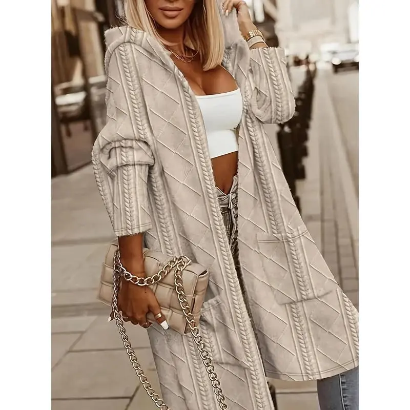 Women's Long Sleeve Hooded Cardigan Coat with Pockets, Womenswear Knit Tops, Knitwear, Lady, Clothes, Casual, Loose-Fitting, Knitting, Basic, Pocket Detail, Hooded Neck, Full-Length, Multi-Size, Minimalist