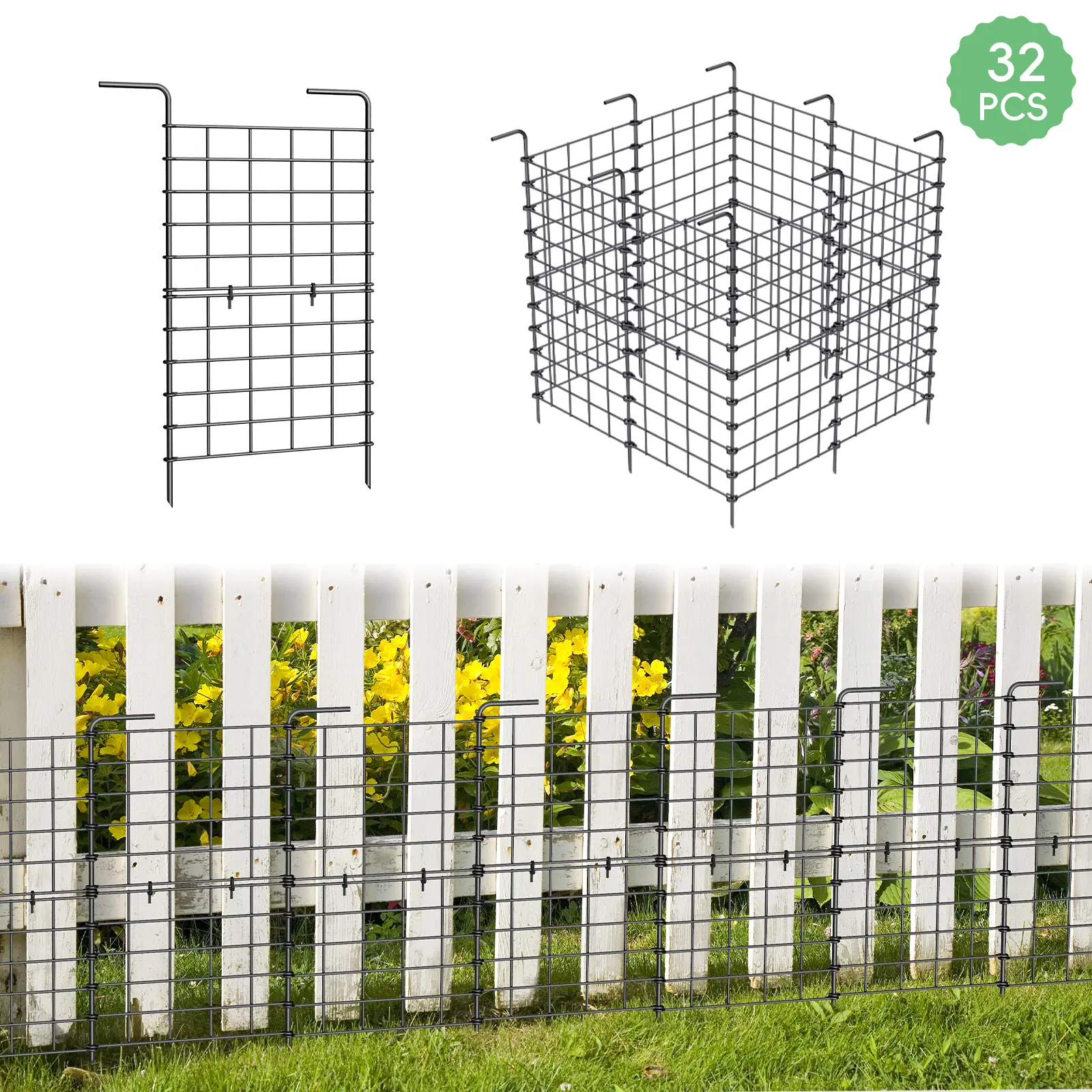 32-Pack Decorative Garden Fence Outdoor, 24x22 ft Coated Rustproof Metal Wrought Iron Wire Mesh Fence, Foldable Sectional Picket Edge Barrier Panels for Flower Bed Landscape Edging