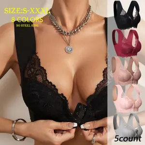 Women's Floral Lace Buckle Front Wireless Bra Smooth Texture Finish V Neck Minimalist Basic No Steel Ring Sizes S-XXXL Bridal Black Red Brown Apricot Pink
