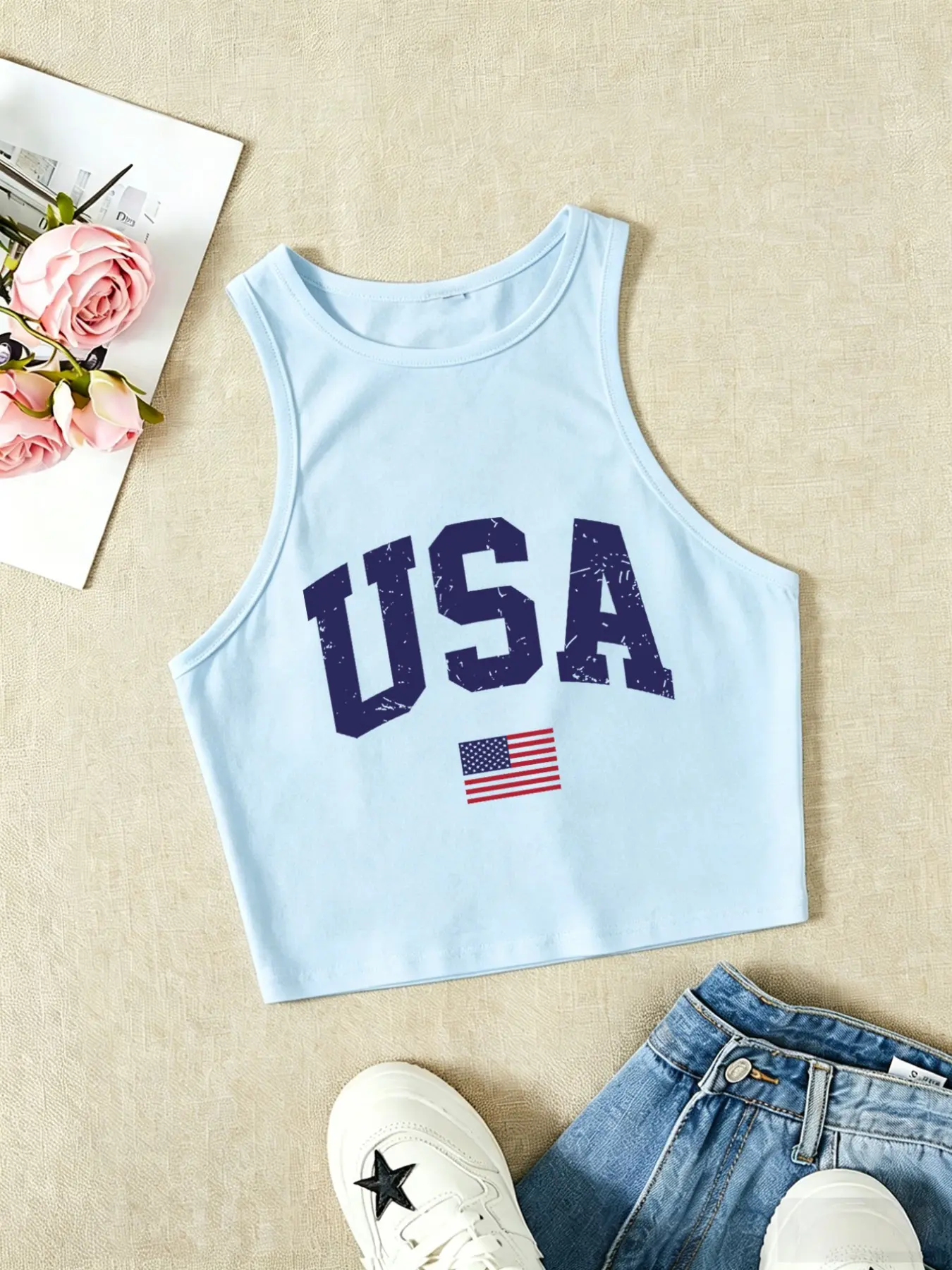 Women's USA Flag Print Cropped Tank Top - Sleeveless Racerback Y2K Summer Cami, Patriotic Casual Top for 4th of July, Womenswear