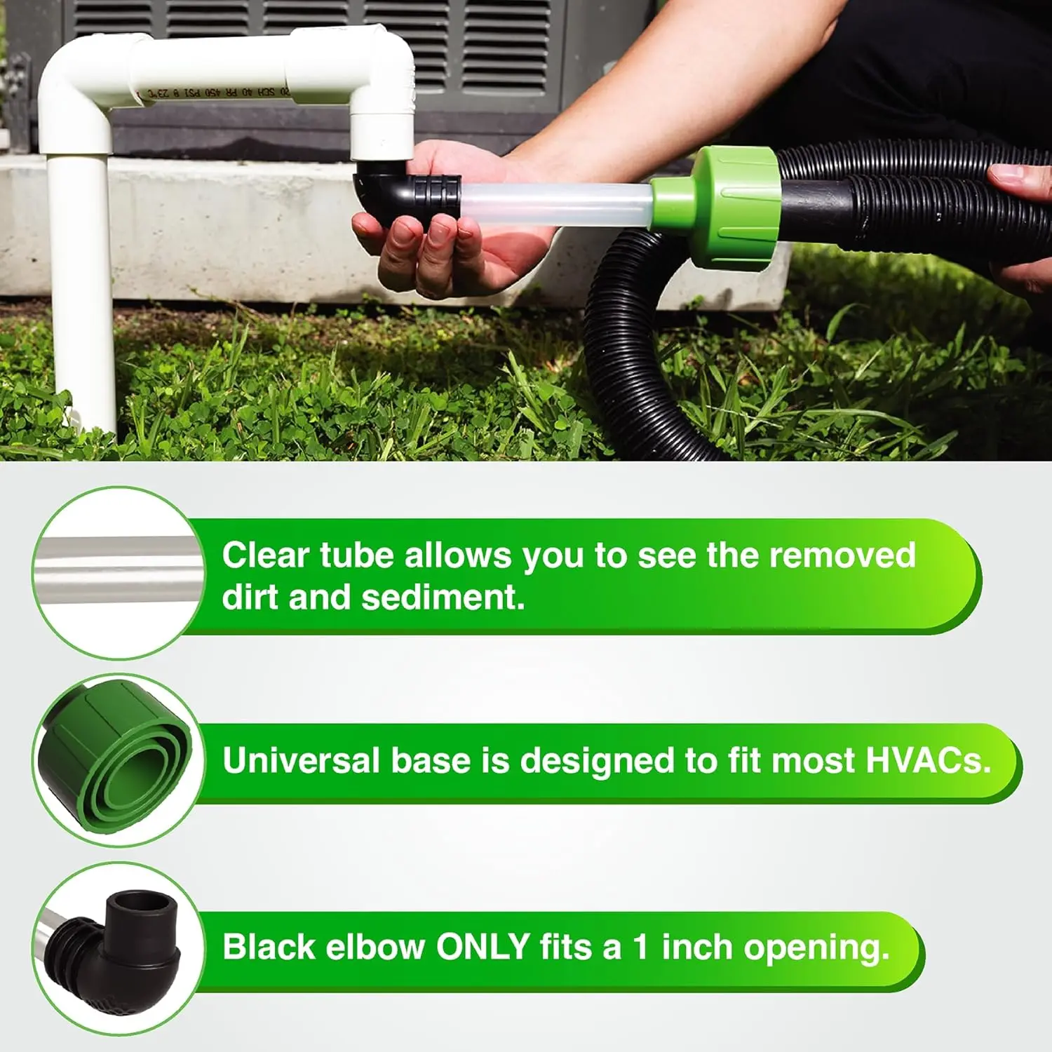 AC Drain Line Cleaner - Shop Vac Adapter for HVAC Condensate & Air Conditioner Clogs - Universal Fit Wet/Dry Vacuum Attachment - Clear See Through Fitting - Unclog, Flush & Evacuate
