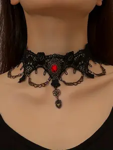Elegant Lace Heart Style Choker Necklace with Gothic Flower Heart Pendant, Fashionable Women's Neck Chain for Daily Wear, Party, Halloween Gift