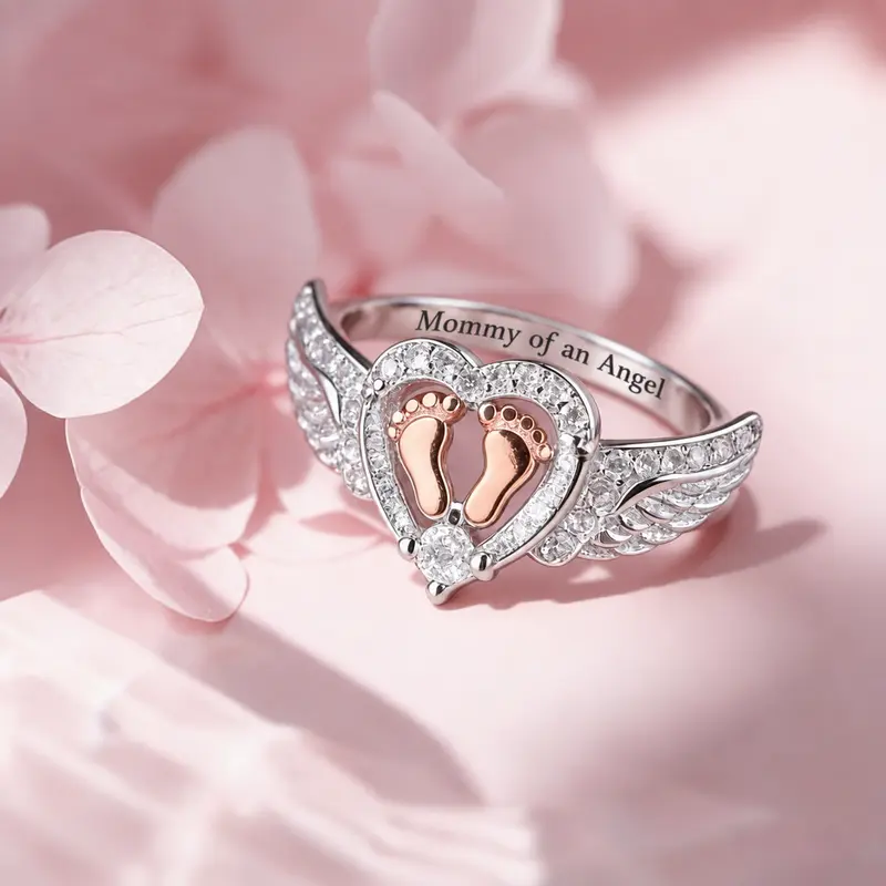 Women's 925 Sterling Silver Angel Wing Design Ring - Heart Symbol, Baby Footprint, Sentimental Memorial Jewelry, 1pc Accessories for Adults Female, Christmas Gift