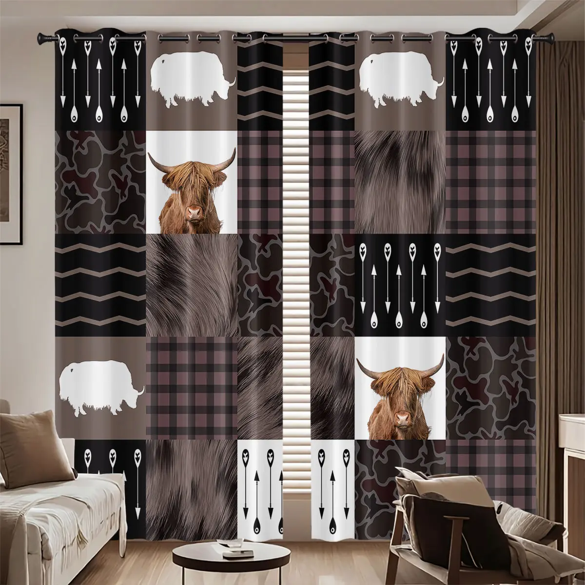 2-piece pole perforated window curtain, Home Decorative Curtain, Polyester Privacy Curtain, highland cow splicing theme print double-sided matte fabric high light-blocking Privacy Grommet Curtains suitable for home decoration Window Drapes
