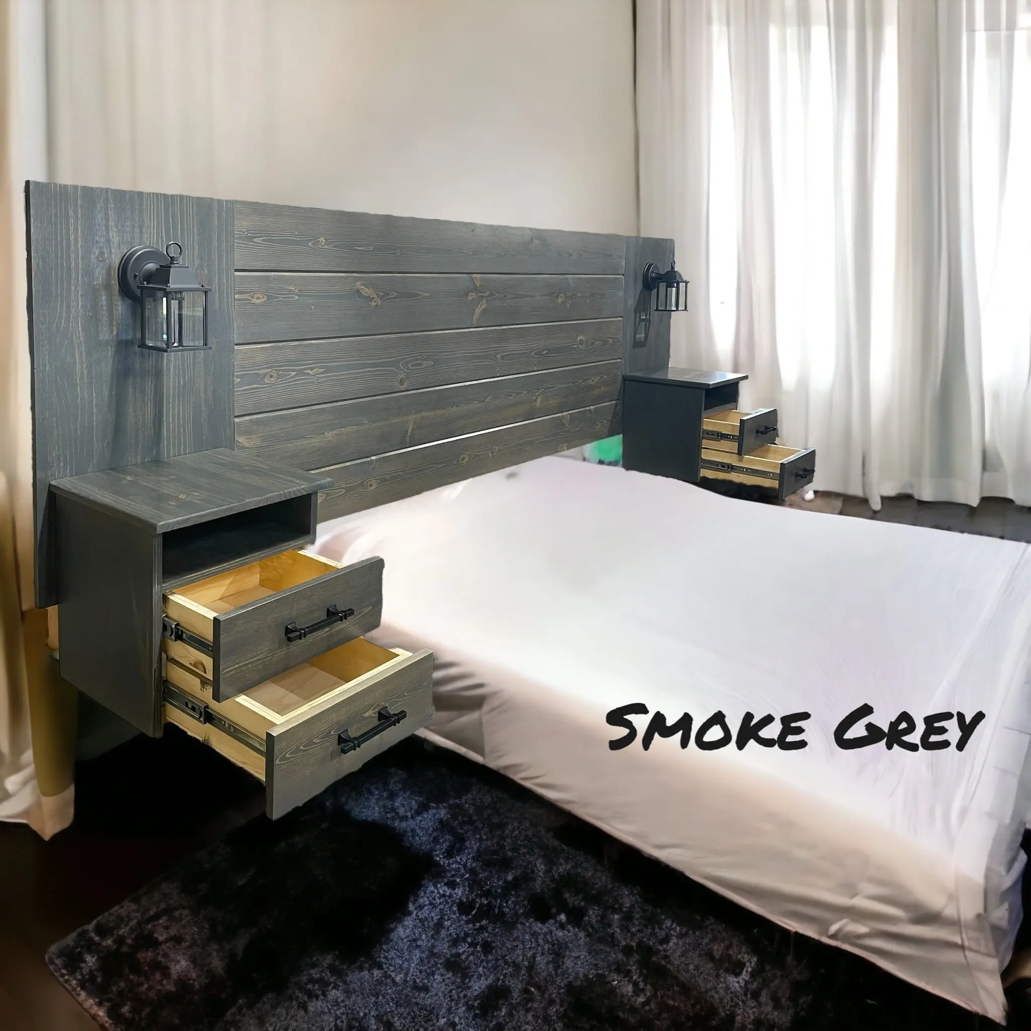 Floating Headboard with Lamps and Nightstands - Wall mounted - King Headboard -