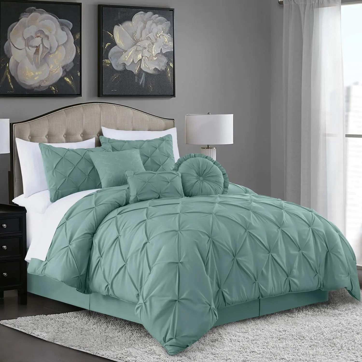 Sydney 7-Piece 7-Inch Pleat Pintuck Comforter Set - California King, Spa Blue, Contemporary Look, Piped Edges, Smooth Texture, All Seasons