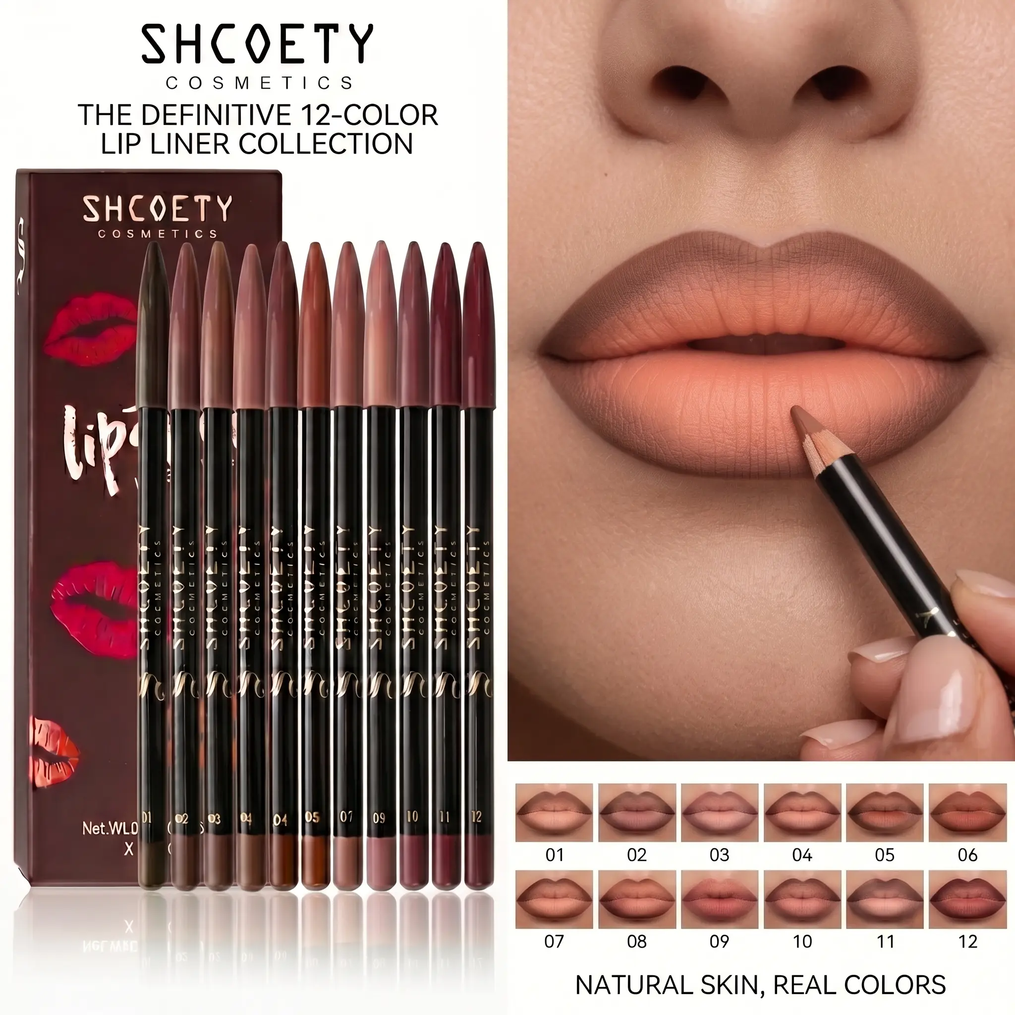 12-Shade Precision Ombré Lip Liner Set Waterproof Smudge-Proof Transfer-Proof Ultra Creamy Matte Lip Pencil Pack with Shade Formula Guide - 3D Plumping Lip Contour Combo for Dark Skin & All Skin Tones - Nude Mauve Brown