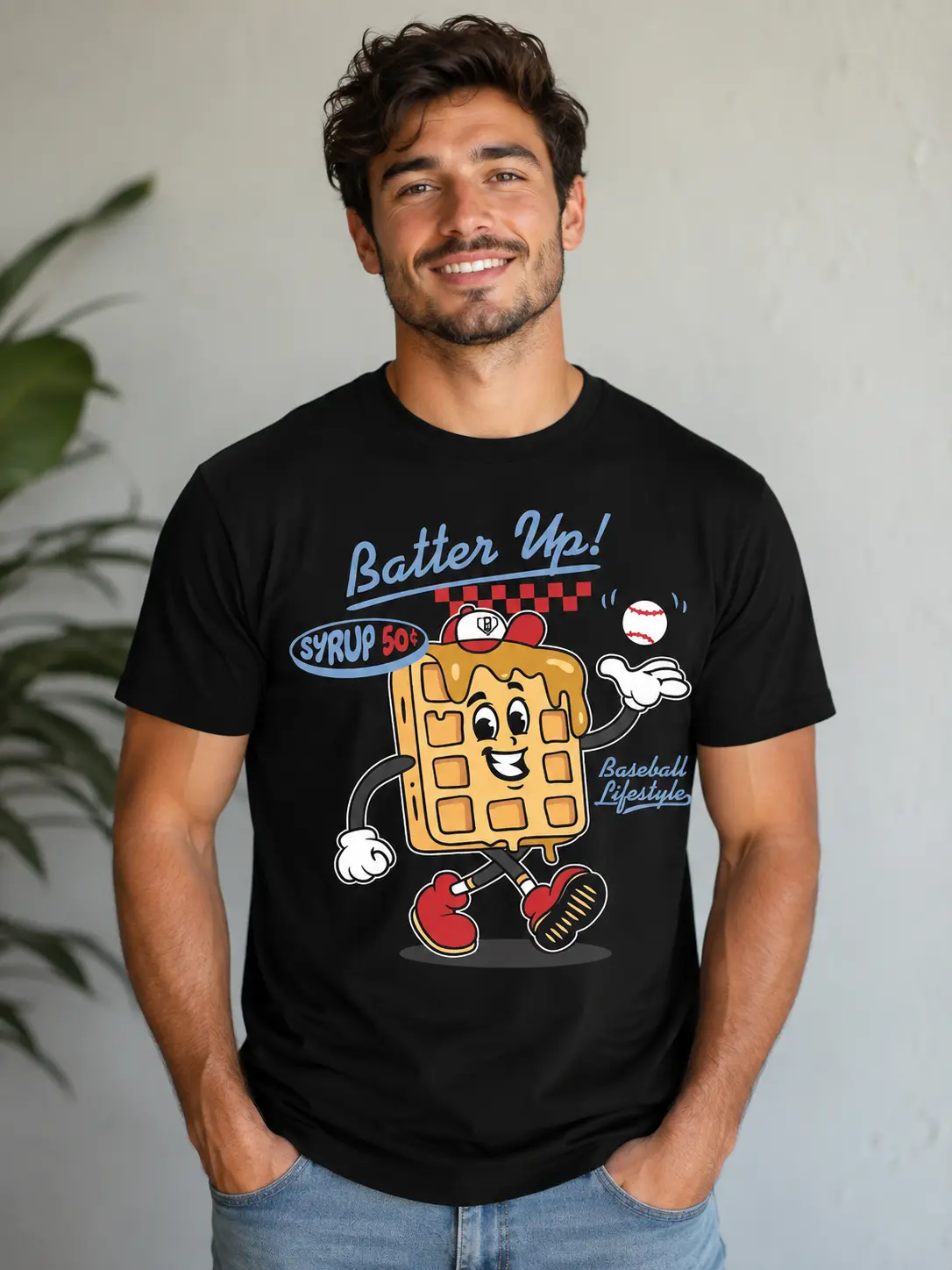 Batter Up Waffle Baseball Letter Print Black Shirt T-Shirt Tee Top Oversized Unisex Harajuku Streetwear Casual Sweet Wear Outfit Men Women Trendy Food Graphic Fashion