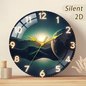 Wooden/crystal Glass Creative Clock Gift, Glowing Dial, Sunset Landscape Design, Battery Operated, Wall Mountable, Home Decor