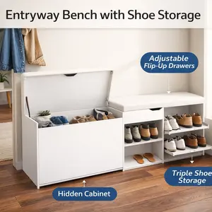 Single Storage Ottoman-White Entryway Bench with Shoe Storage,Adjustable 3-Tier Flip-Up Drawers & Hidden Cabinet,Space-Saving Shoe Organizer,Triple Storage and Modern Design,for Hallway and Living Room,White Boxes