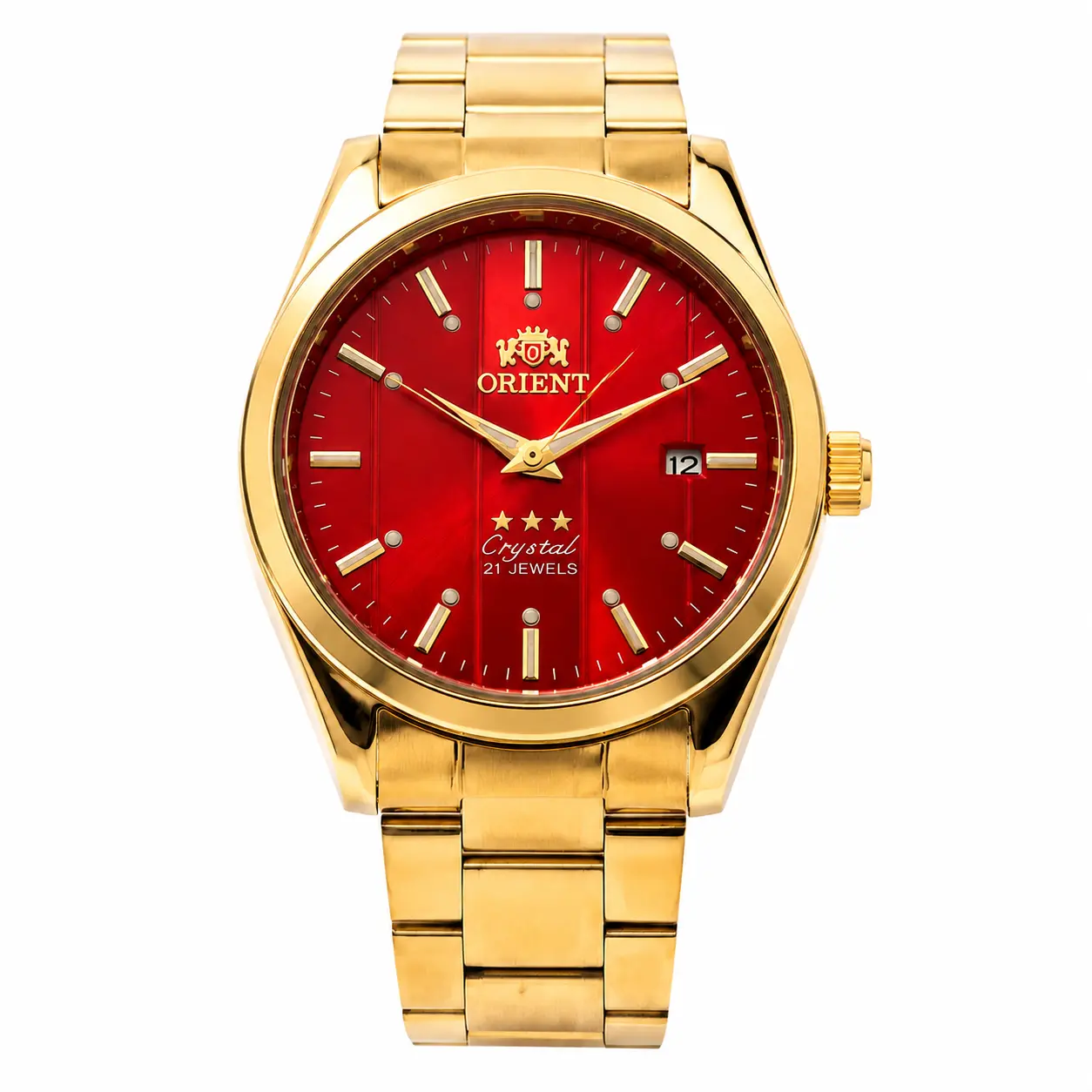 Men’s 3-Star Series Automatic Watch - All-Gold Stainless Steel Bracelet, Vibrant Red Dial, 21-Jewel Movement, Luminescent Marks, Date Display, Male Business-Casual Analog Mechanical Wristwatch