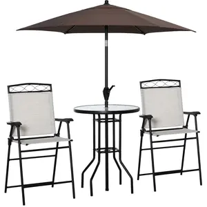Outsunny 4 Piece Patio Bar Set for 2 with 6' Adjustable Tilt Umbrella, Outdoor Bistro Set with Folding Chairs & Glass Round Dining Table, Beige