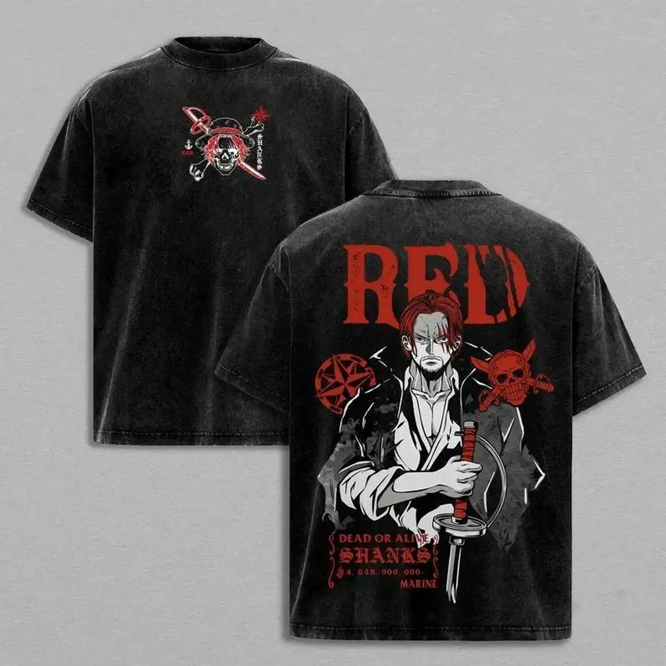 Shanks Red One Piece Y2K Grunge Vintage Washed T-Shirt, Oversized Pirate Emperor Anime Clothing Tee, Heavy Cotton Retro Streetwear Shirt Gym Pump Cover Graphic Top, Gift for One Piece Fans