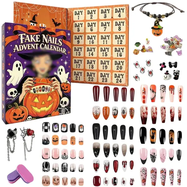 Halloween Nail Art Advent Calendar 2026, 24 Days Nail Kit Countdown Calendar with Ghost Skull Designs Nail Tips, Stickers, Pumpkin Bracelets, Halloween DIY Manicure kit for Women & Girls