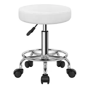 KKTONER PU Leather Round Rolling Stool with Foot Rest Swivel Height Adjustment Spa Drafting Salon Tattoo Work Office Massage Stools Task Chair (White)