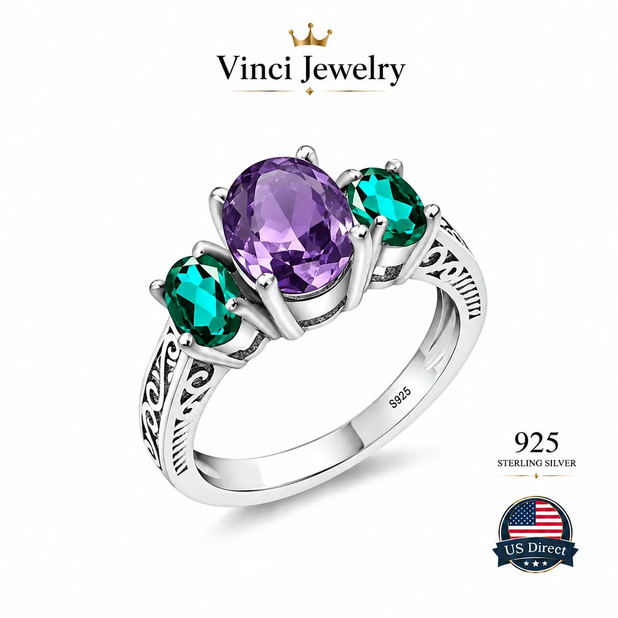 S925 Sterling Silver 2.73 Cttw Synthetic Crystal &Synthetic Amethyst 3 Stone Ring For Women, Artificial Gemstone Jewelry, Vintage Synthetic Topaz Ring Wedding Engagement Anniversary Promise Ring For Women, Statement Ring