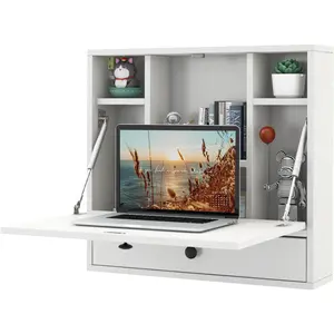 Wall Mounted Desk, Folding Wall Table Floating Desk Wall Mount Laptop Desk, Space Saving Wall Mounted Table Wall Desk with Storage Drawer & Shelves (White)Simple and convenient, does not take up space