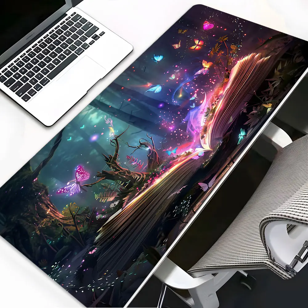 Magical Book Forest Art Large Gaming Mouse Pad, Enchanted Butterflies Decor aesthetic desktop decoration protection pad,rubber pad non-slip lock edge work pad,multi-size mouse pad suitable for laptop, Gaming Mousepad, Computer Mouse Pad